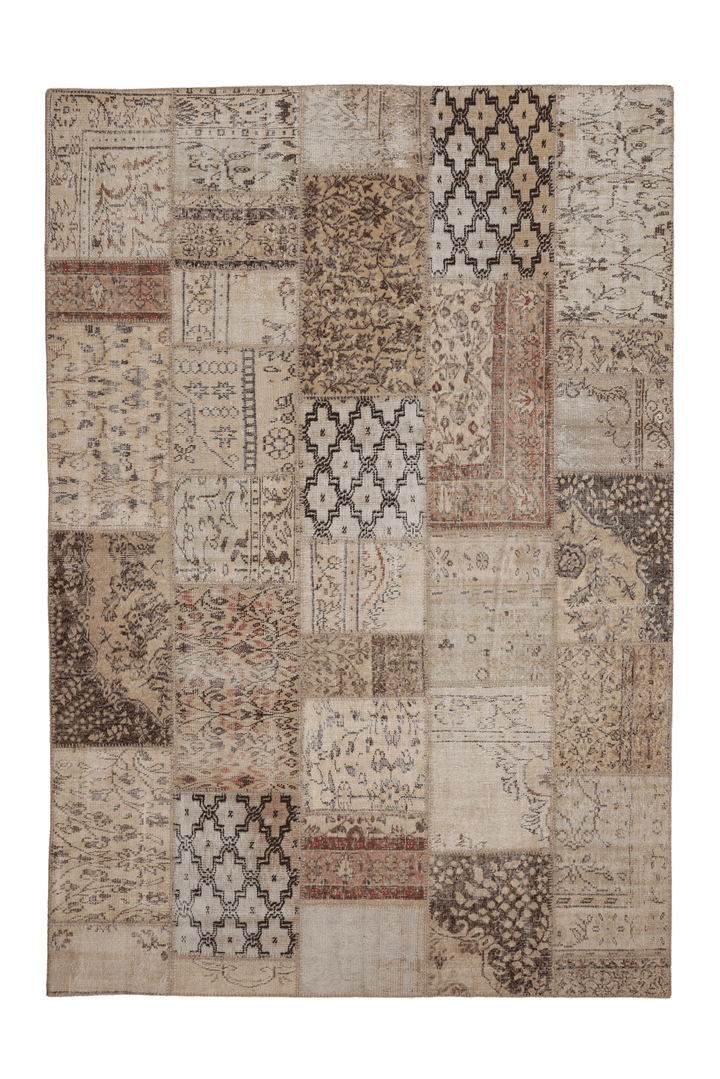 Vintage Turkish Area Rug 6x9 ft — Beige & Brown Patchwork (No. 46552)
