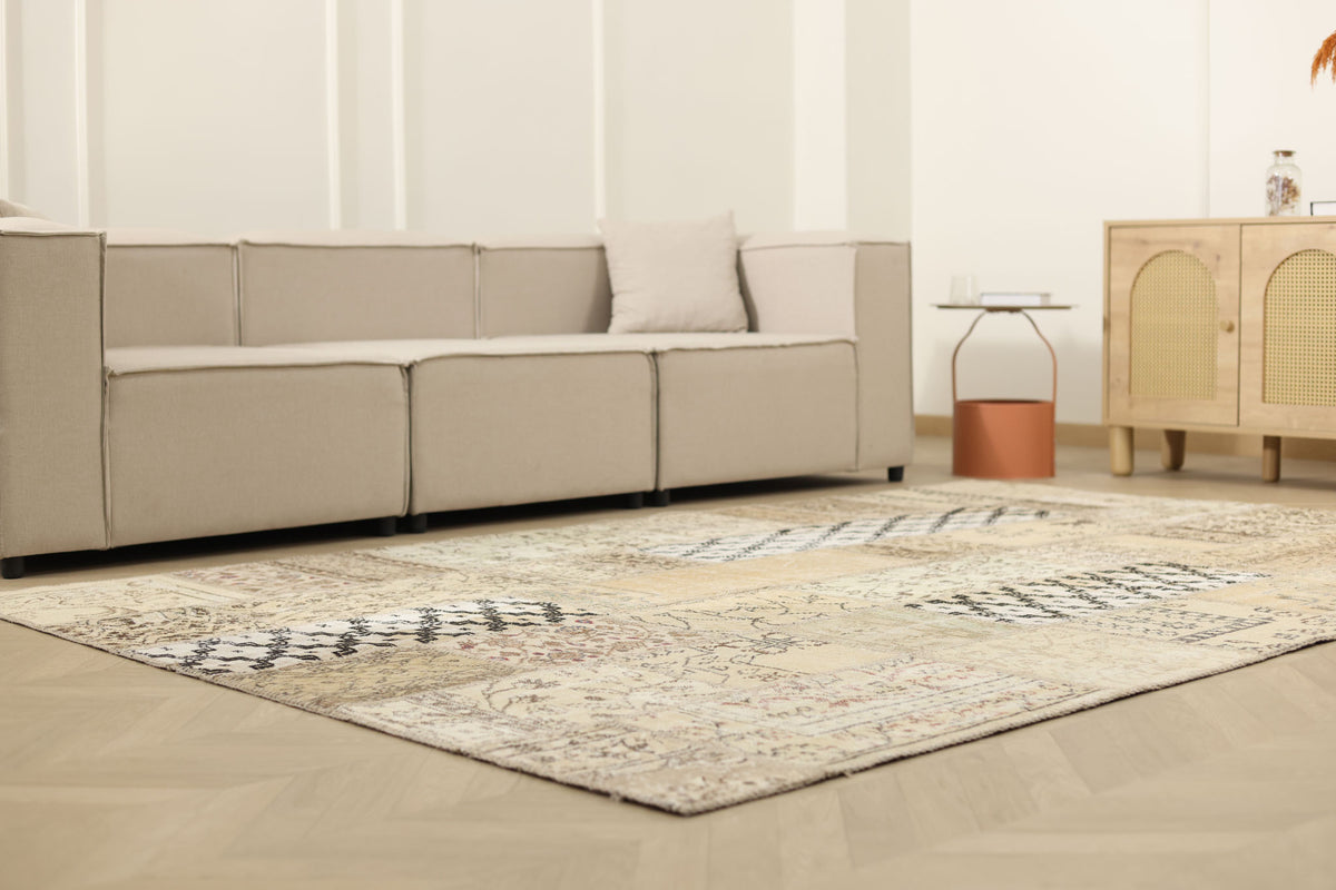 Vintage Turkish Area Rug 6x9 ft — Beige & Brown Patchwork (No. 46553)