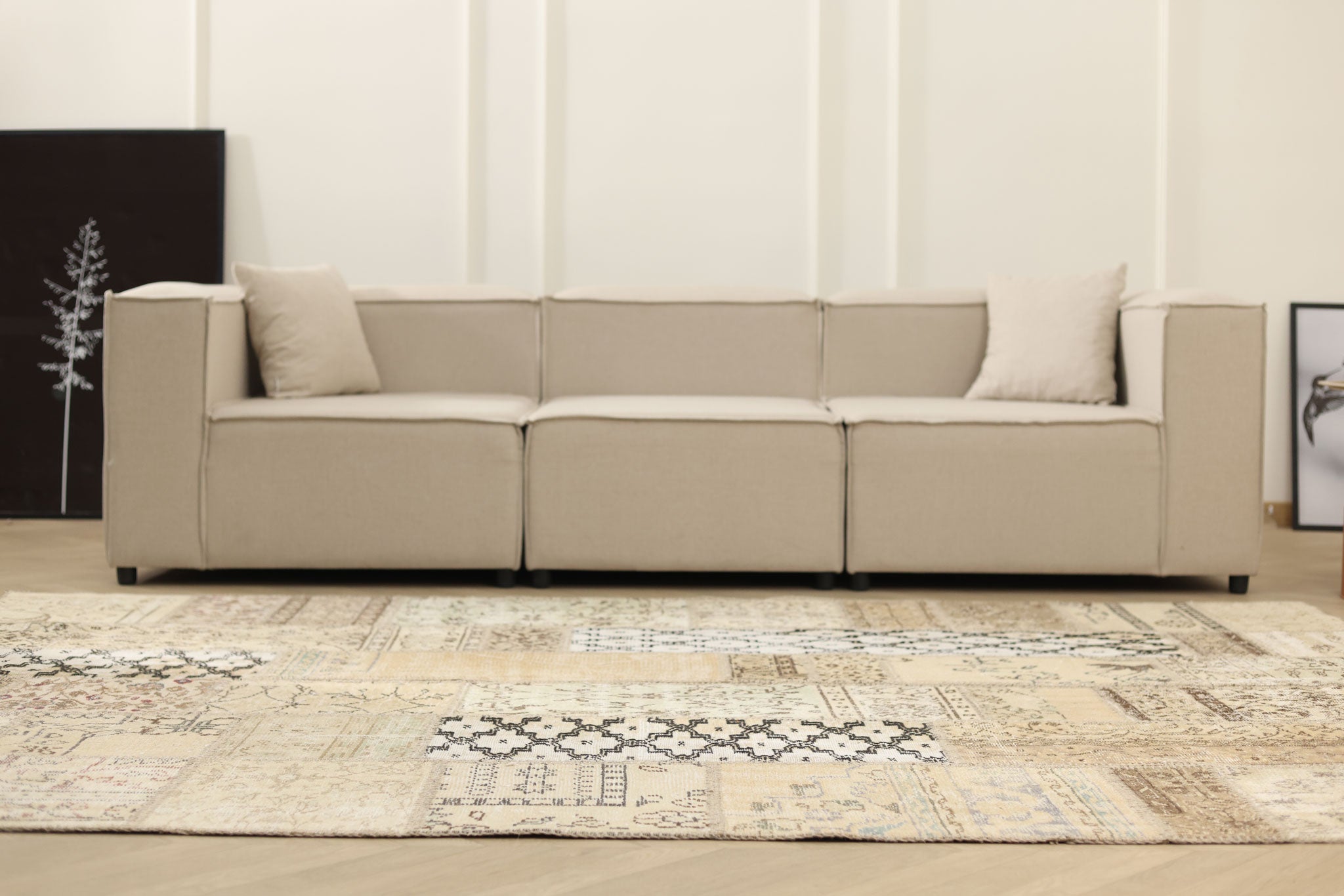Vintage Turkish Area Rug 6x9 ft — Beige & Brown Patchwork (No. 46553)