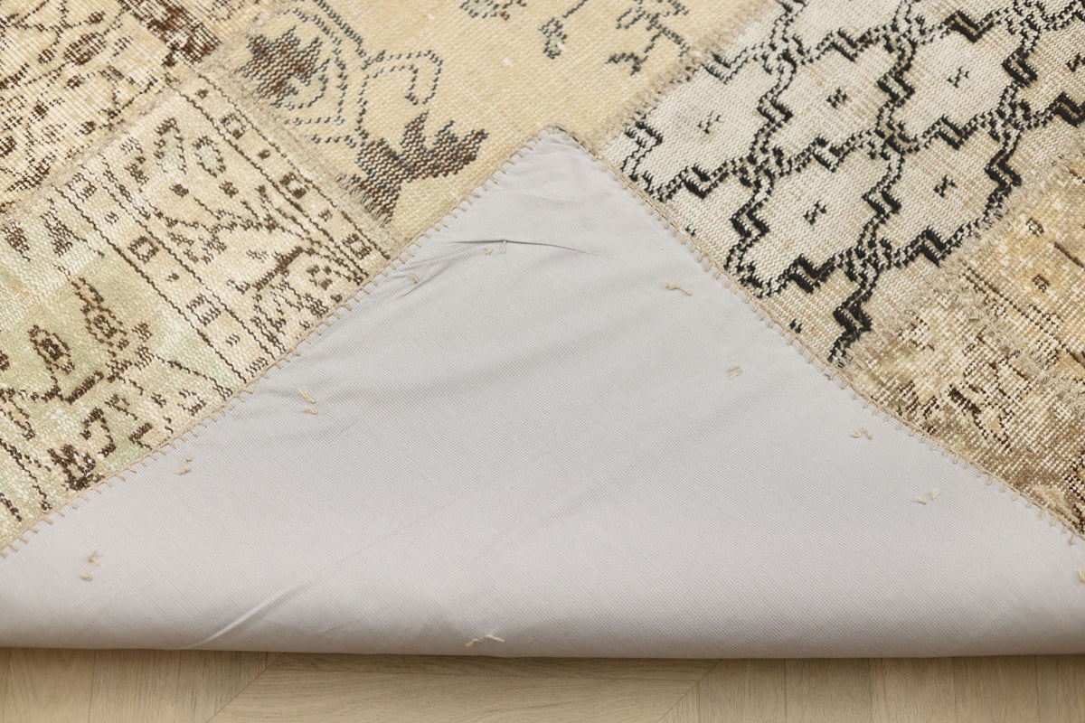 Vintage Turkish Area Rug 6x9 ft — Beige & Brown Patchwork (No. 46553)