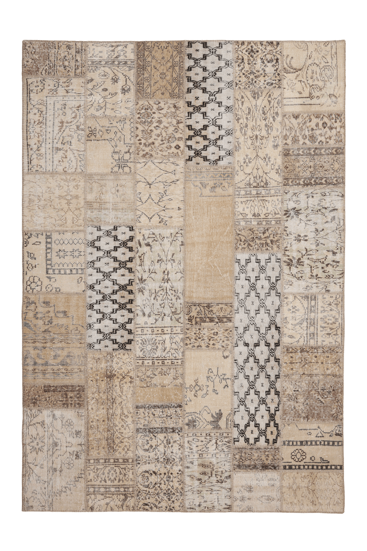 Vintage Turkish Area Rug 6x9 ft — Beige & Brown Patchwork (No. 46553)
