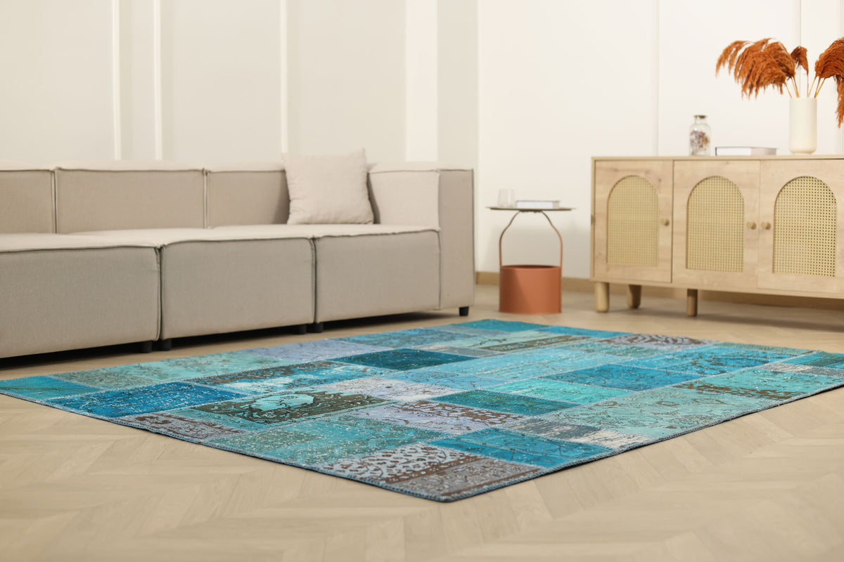 Vintage Turkish Area Rug 6x8 ft — Blue Patchwork