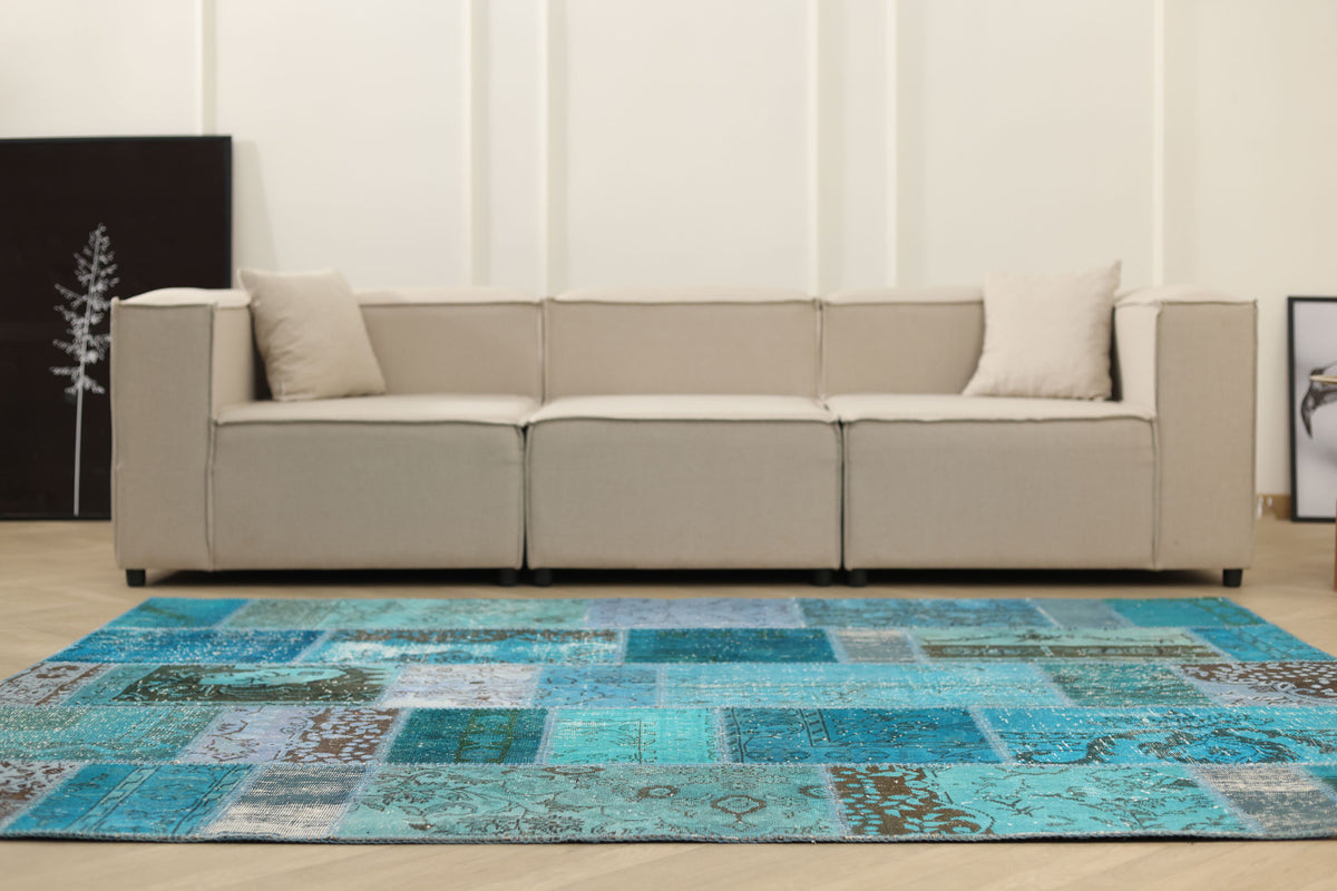 Vintage Turkish Area Rug 6x8 ft — Blue Patchwork