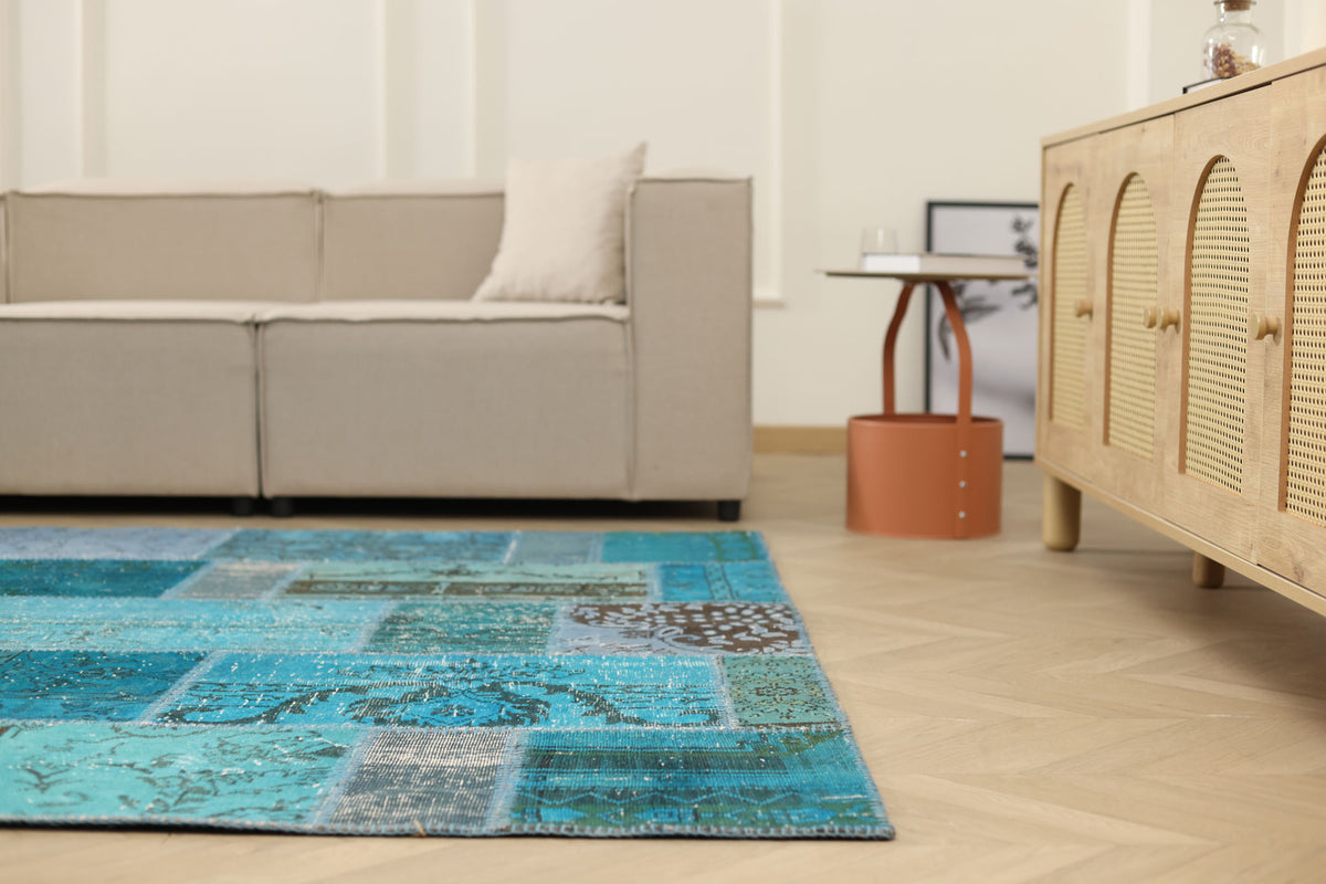 Vintage Turkish Area Rug 6x8 ft — Blue Patchwork
