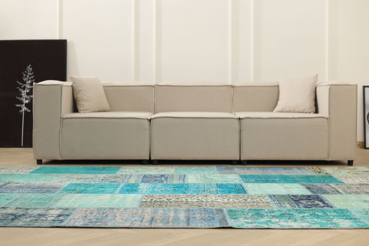 Vintage Turkish Area Rug 6x9 ft — Blue Patchwork