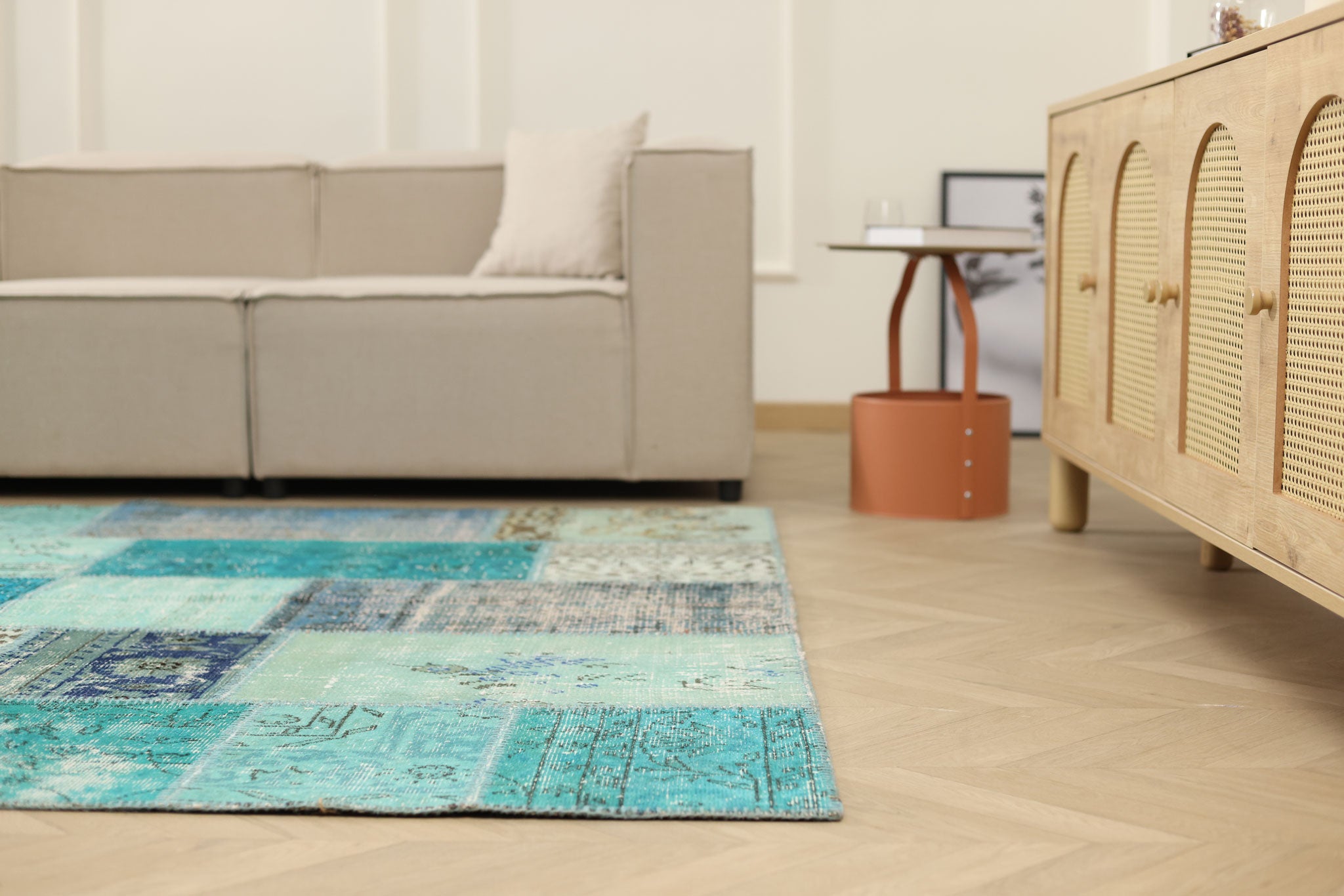 Vintage Turkish Area Rug 6x9 ft — Blue Patchwork