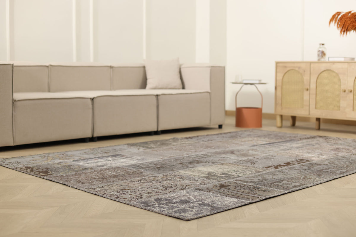 Vintage Turkish Area Rug 6x9 ft — Gray Patchwork