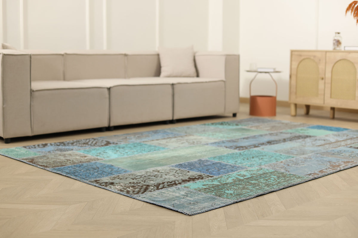 Vintage Turkish Area Rug 6x9 ft — Blue & Gray Patchwork