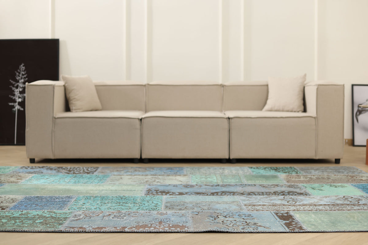Vintage Turkish Area Rug 6x9 ft — Blue & Gray Patchwork