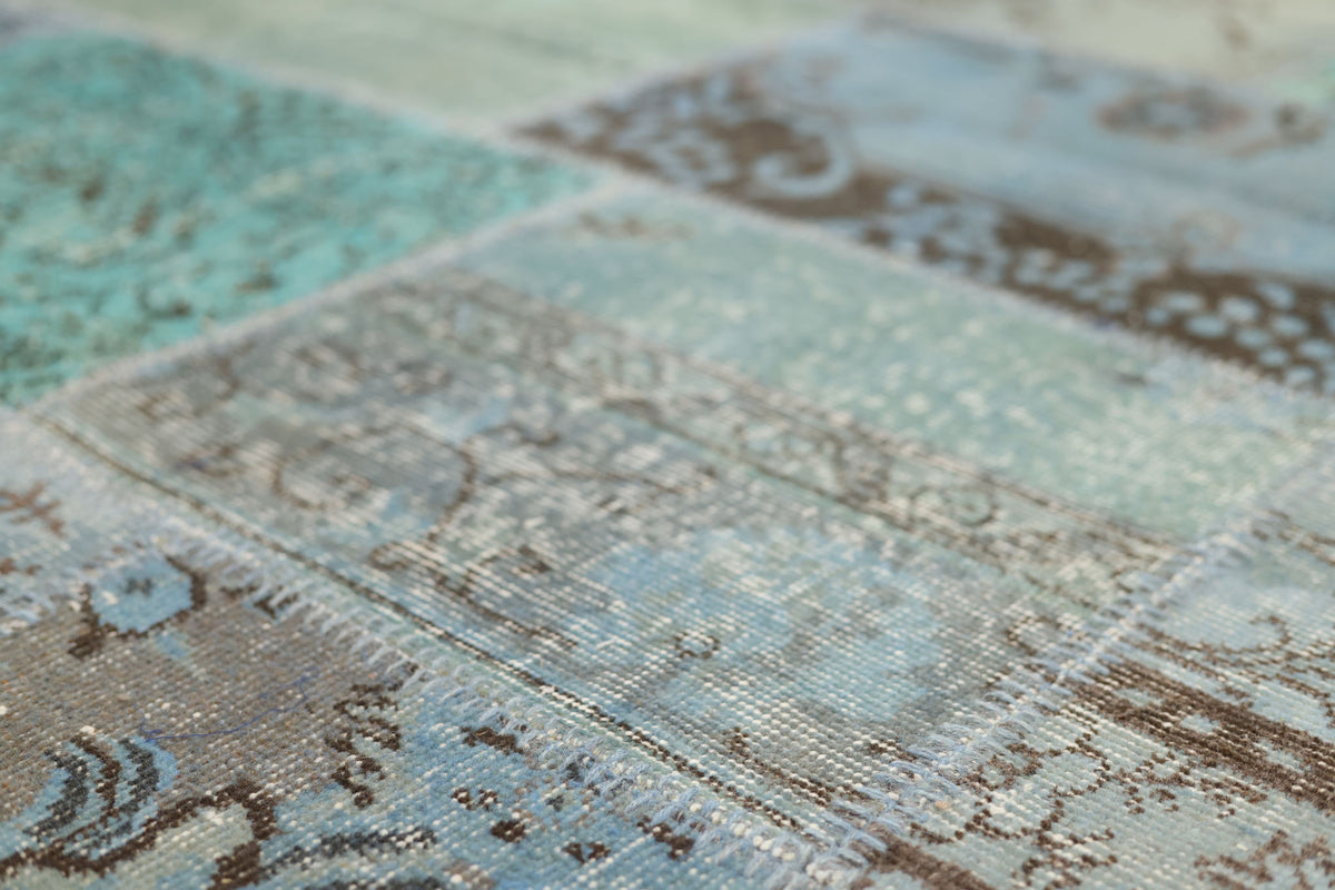Vintage Turkish Area Rug 6x9 ft — Blue & Gray Patchwork