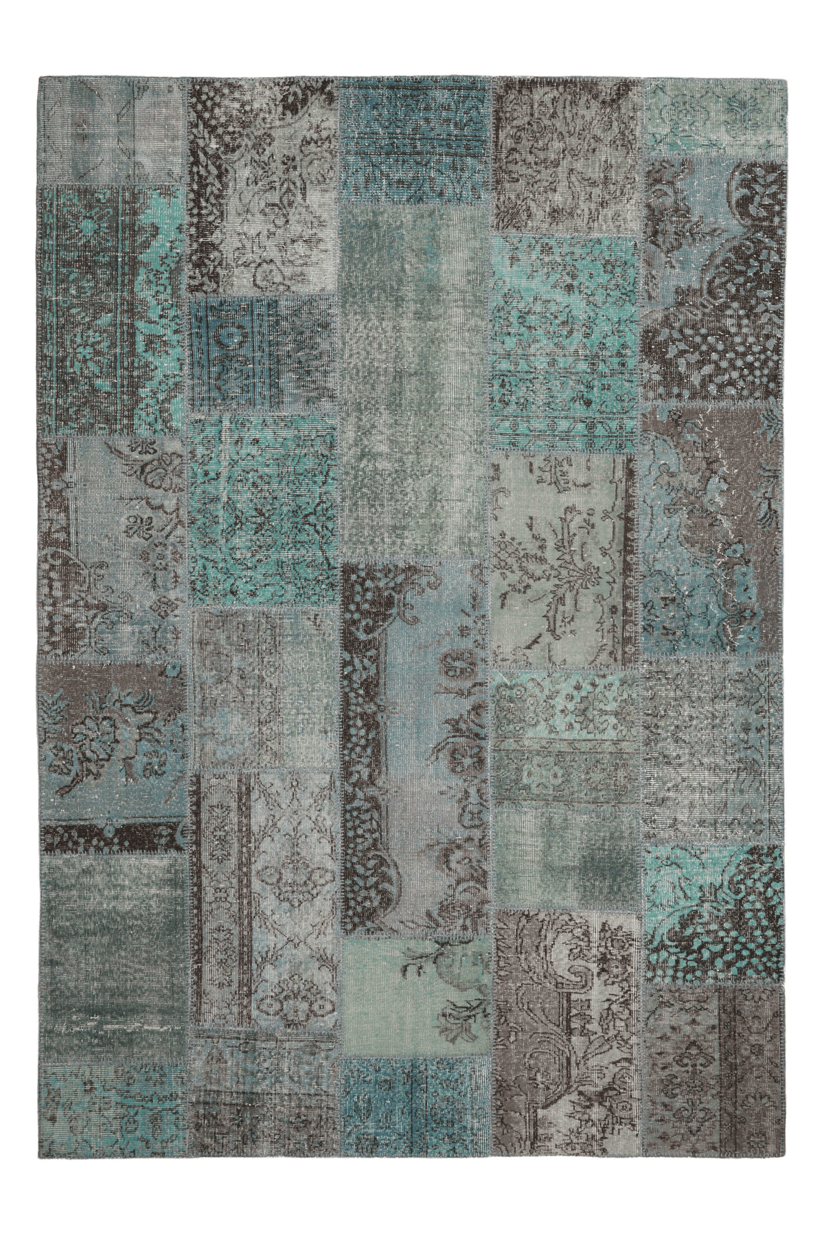 Vintage Turkish Area Rug 6x9 ft — Blue & Gray Patchwork