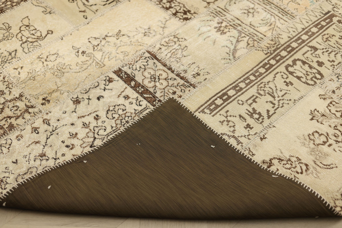 Vintage Turkish Area Rug 6x9 ft — Beige & Brown Patchwork