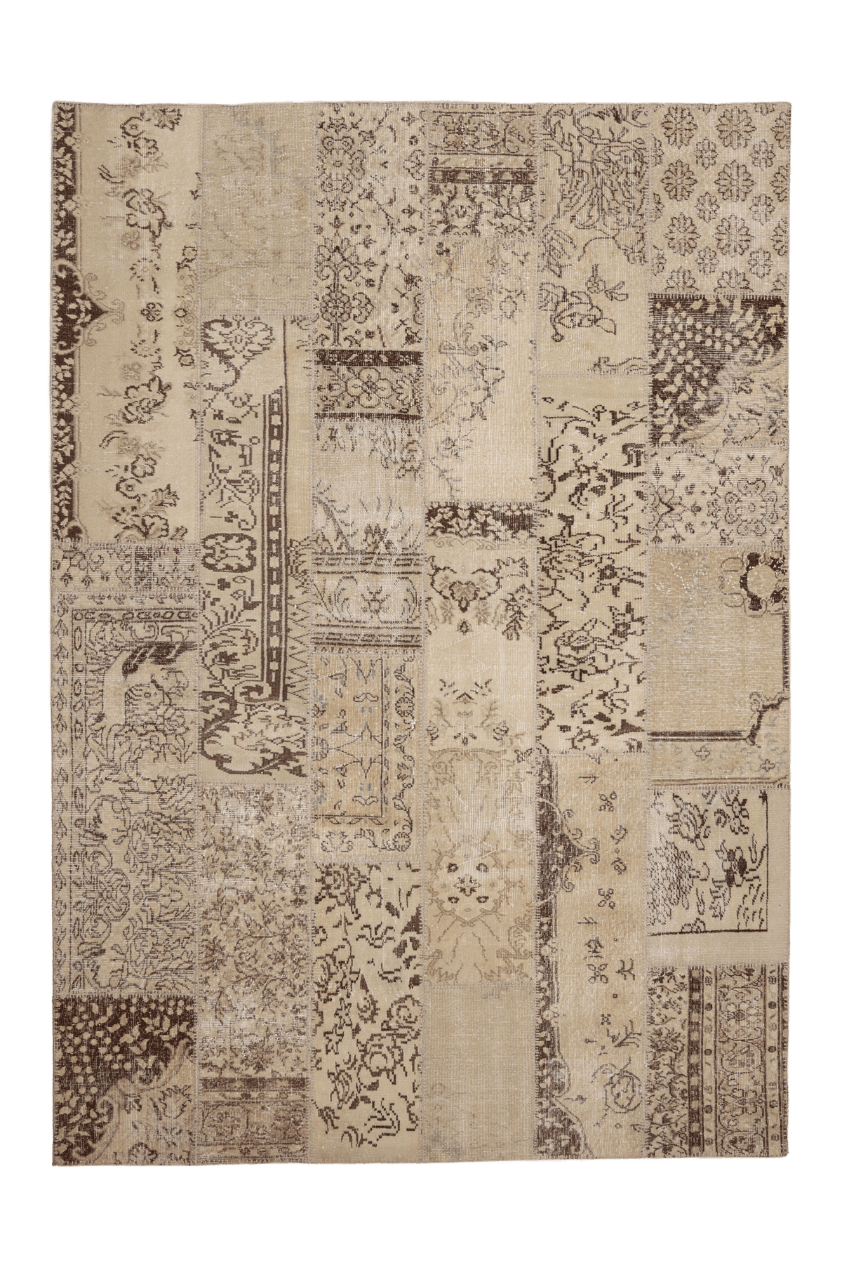 Vintage Turkish Area Rug 6x9 ft — Beige & Brown Patchwork