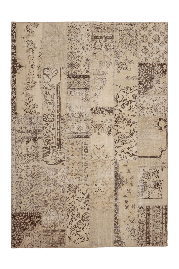 Vintage Turkish Area Rug 6x9 ft — Beige & Brown Patchwork
