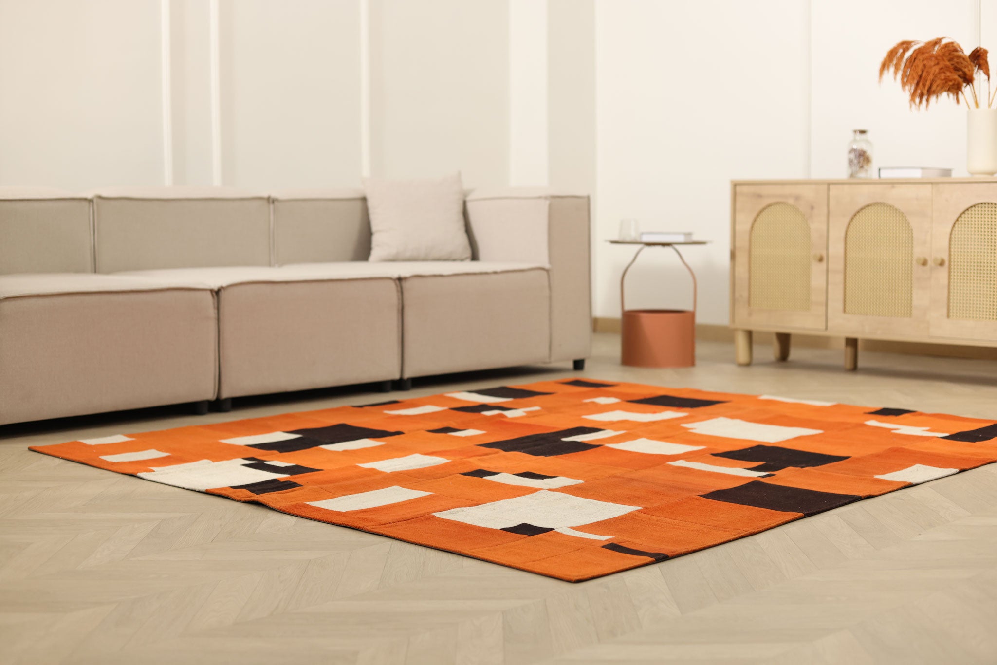 Vintage Turkish Area Rug 6x7 ft — Orange & Brown Patchwork