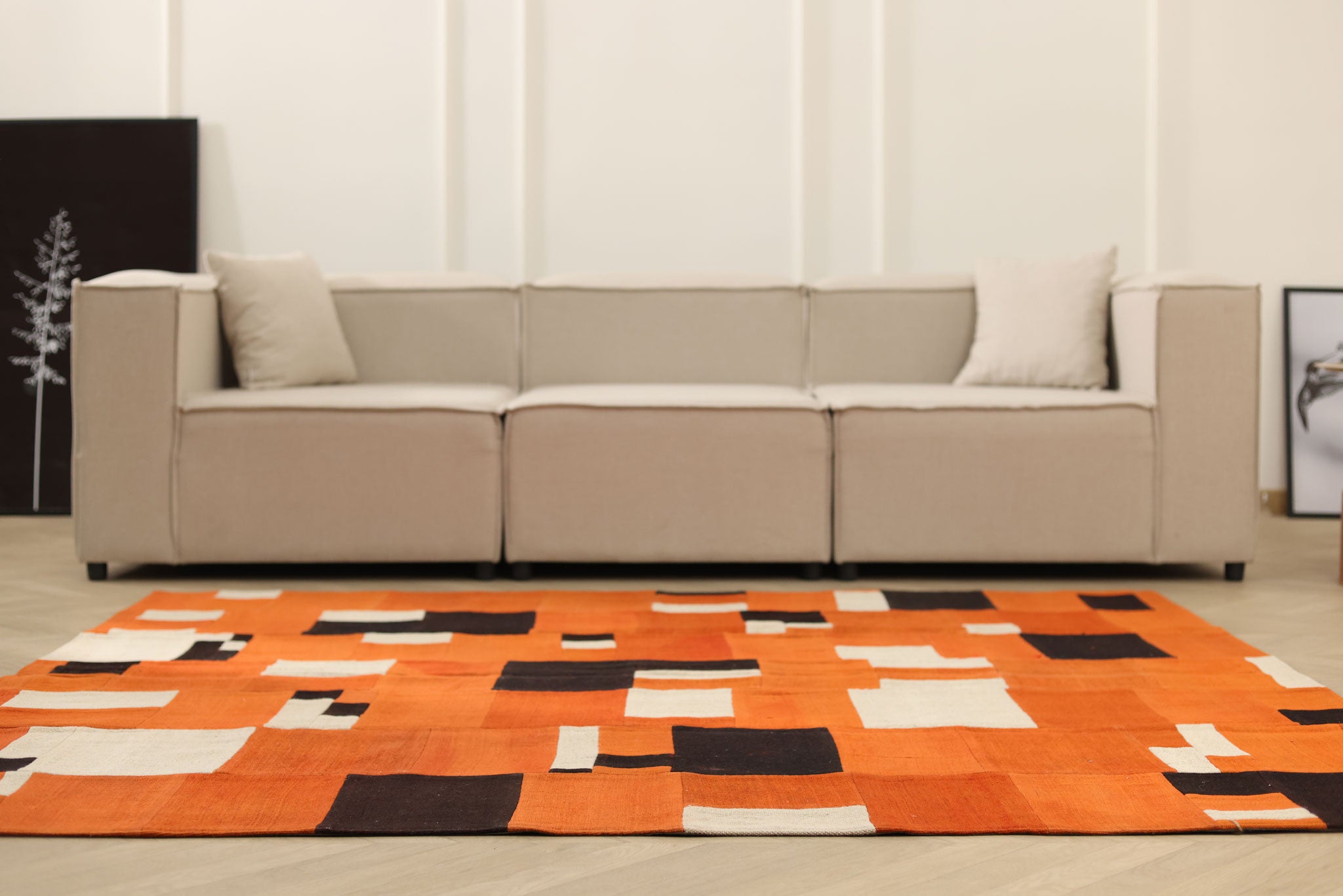 Vintage Turkish Area Rug 6x7 ft — Orange & Brown Patchwork