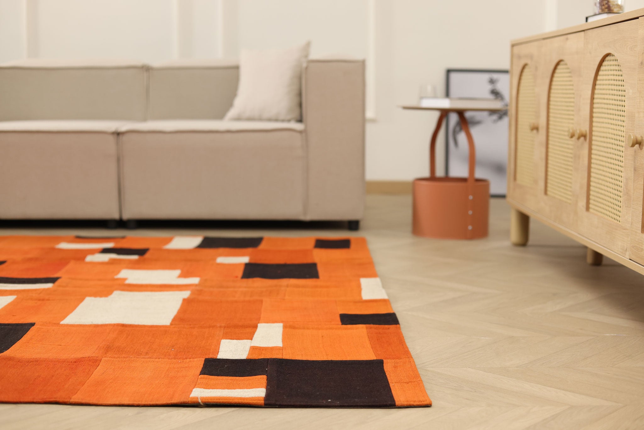 Vintage Turkish Area Rug 6x7 ft — Orange & Brown Patchwork