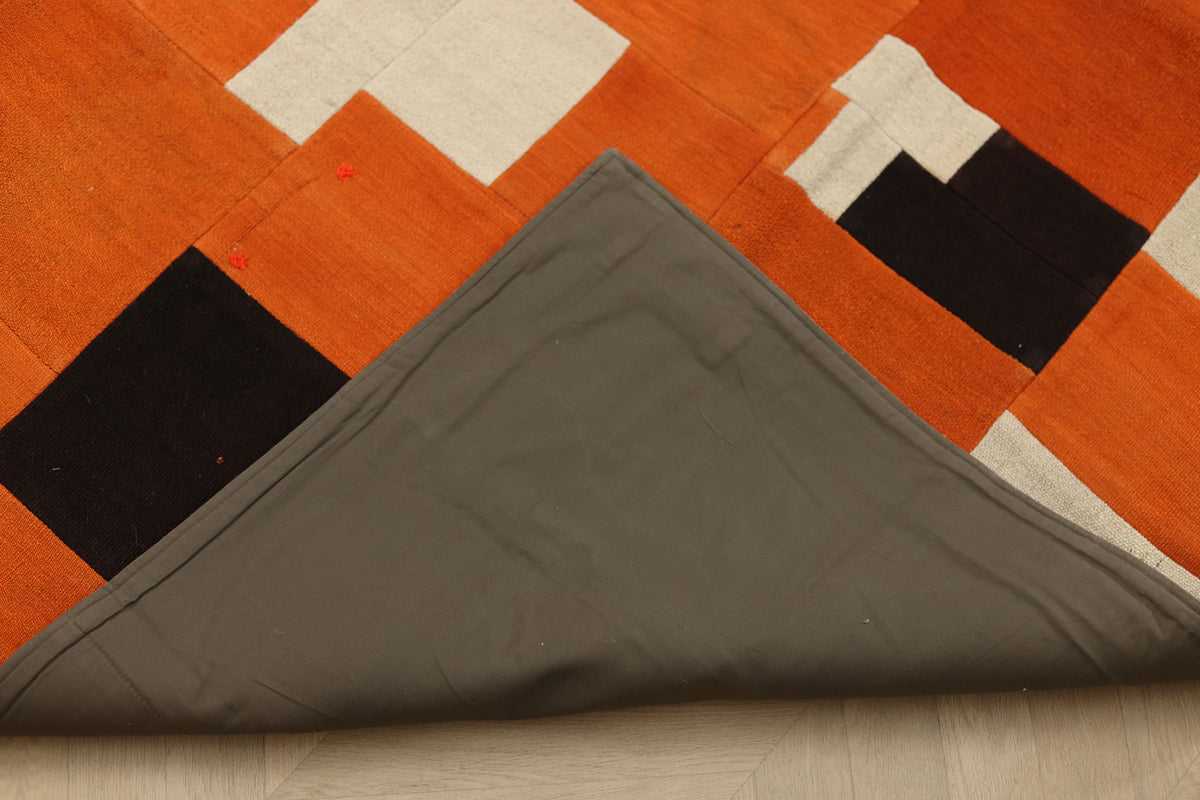 Vintage Turkish Area Rug 6x7 ft — Orange & Brown Patchwork