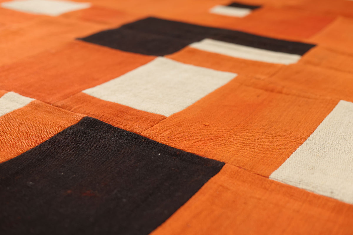 Vintage Turkish Area Rug 6x7 ft — Orange & Brown Patchwork