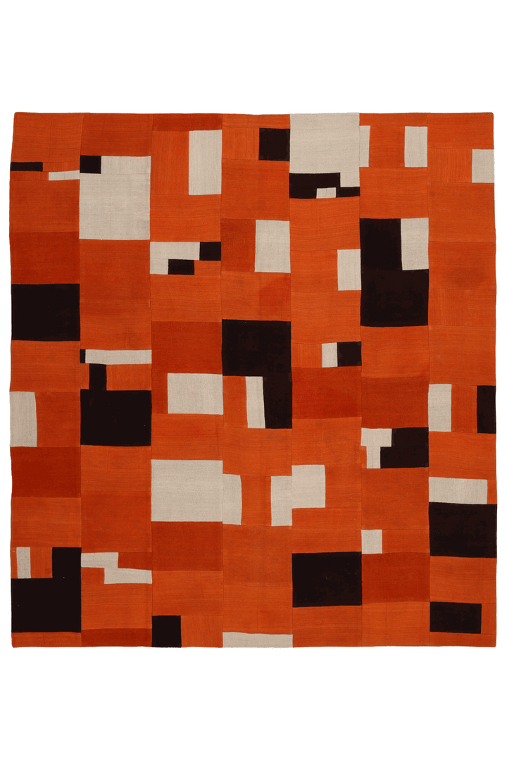 Vintage Turkish Area Rug 6x7 ft — Orange & Brown Patchwork