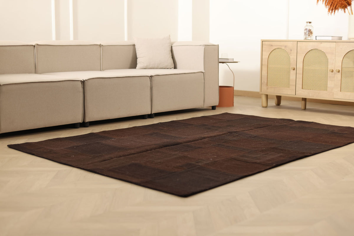 Vintage Turkish Area Rug 5x8 ft — Brown Patchwork (No. 46604)