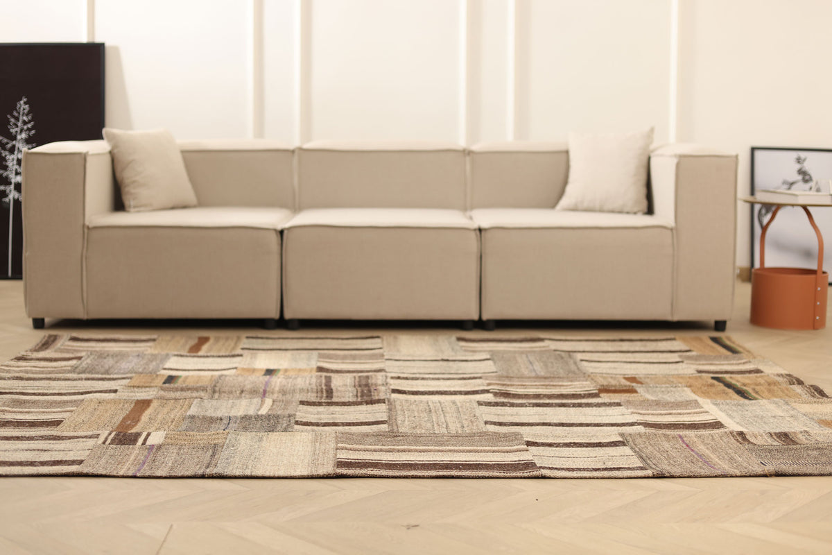 Vintage Turkish Area Rug 6x8 ft — Beige & Brown Patchwork