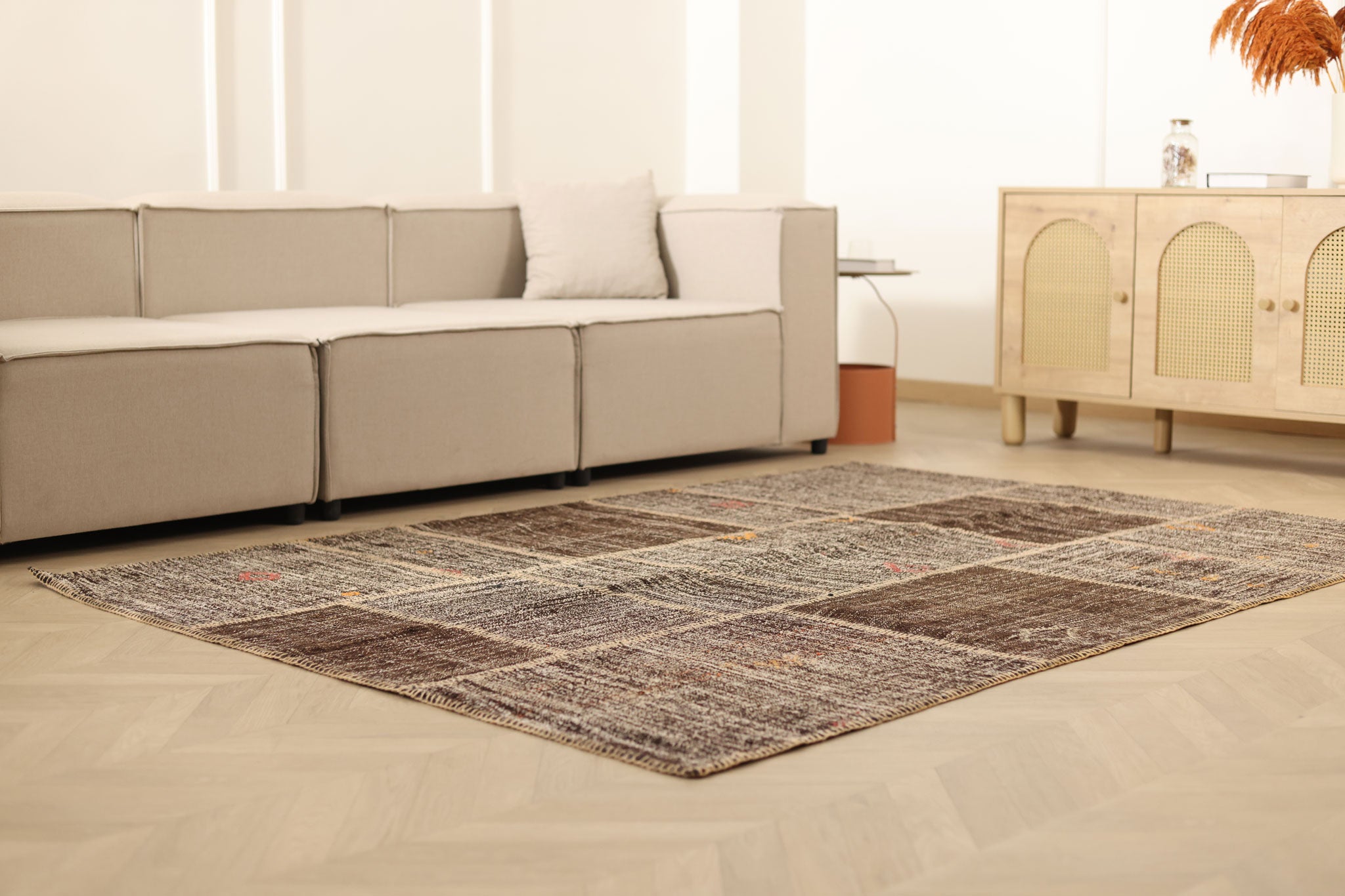 Vintage Turkish Area Rug 5x8 ft — Brown Patchwork