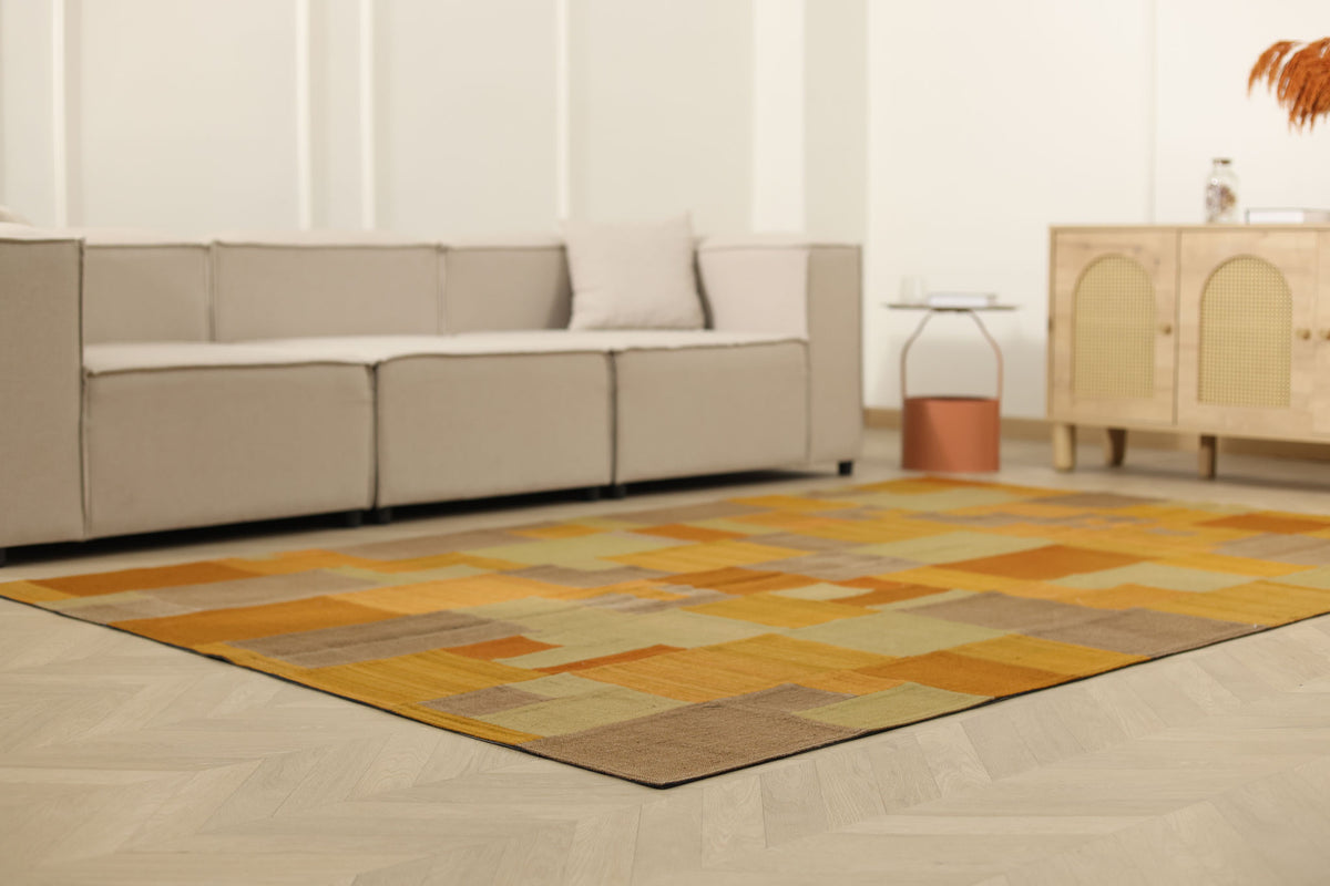 Vintage Turkish Area Rug 6x9 ft — Orange & Beige Patchwork