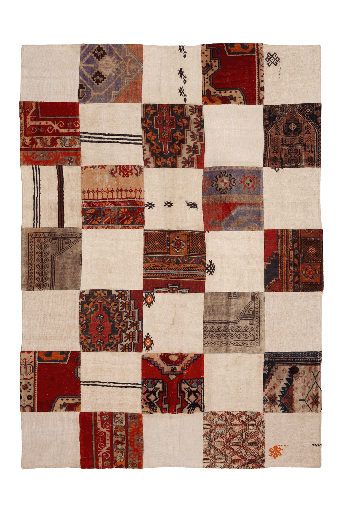 Vintage Turkish Area Rug 6x9 ft — White & Red Patchwork