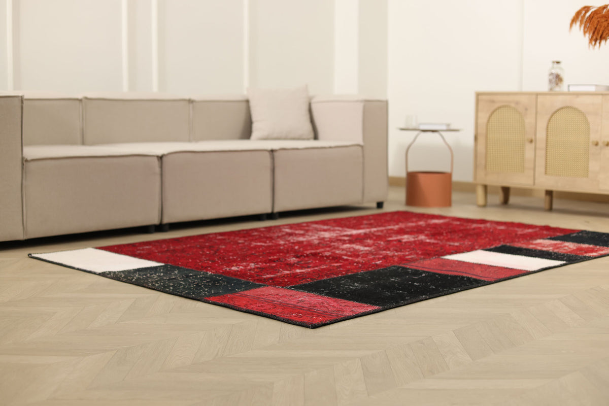 Vintage Turkish Area Rug 5x8 ft — Red & Black Patchwork