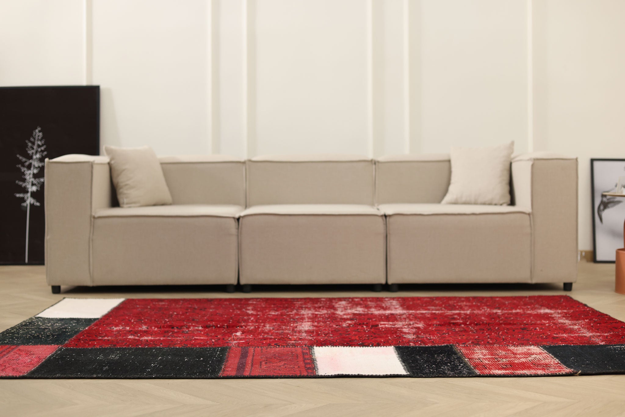 Vintage Turkish Area Rug 5x8 ft — Red & Black Patchwork