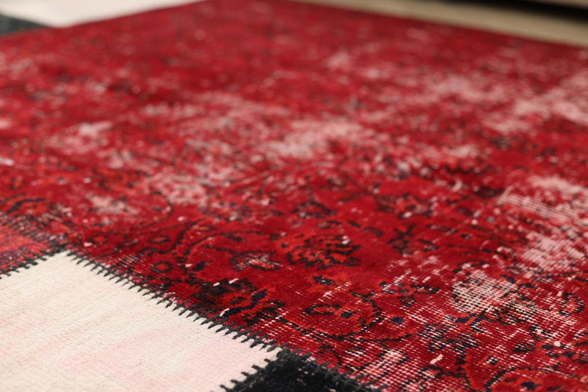 Vintage Turkish Area Rug 5x8 ft — Red & Black Patchwork