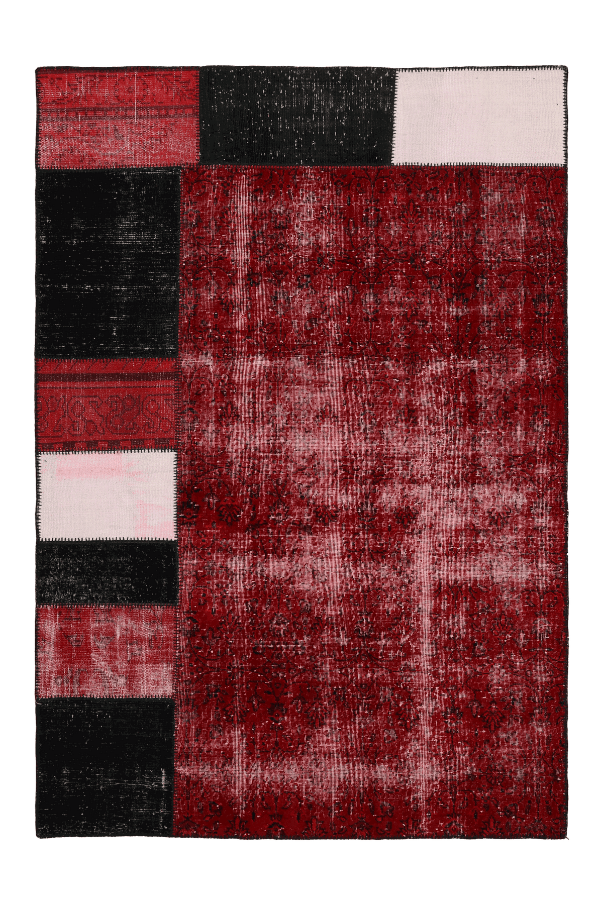 Vintage Turkish Area Rug 5x8 ft — Red & Black Patchwork