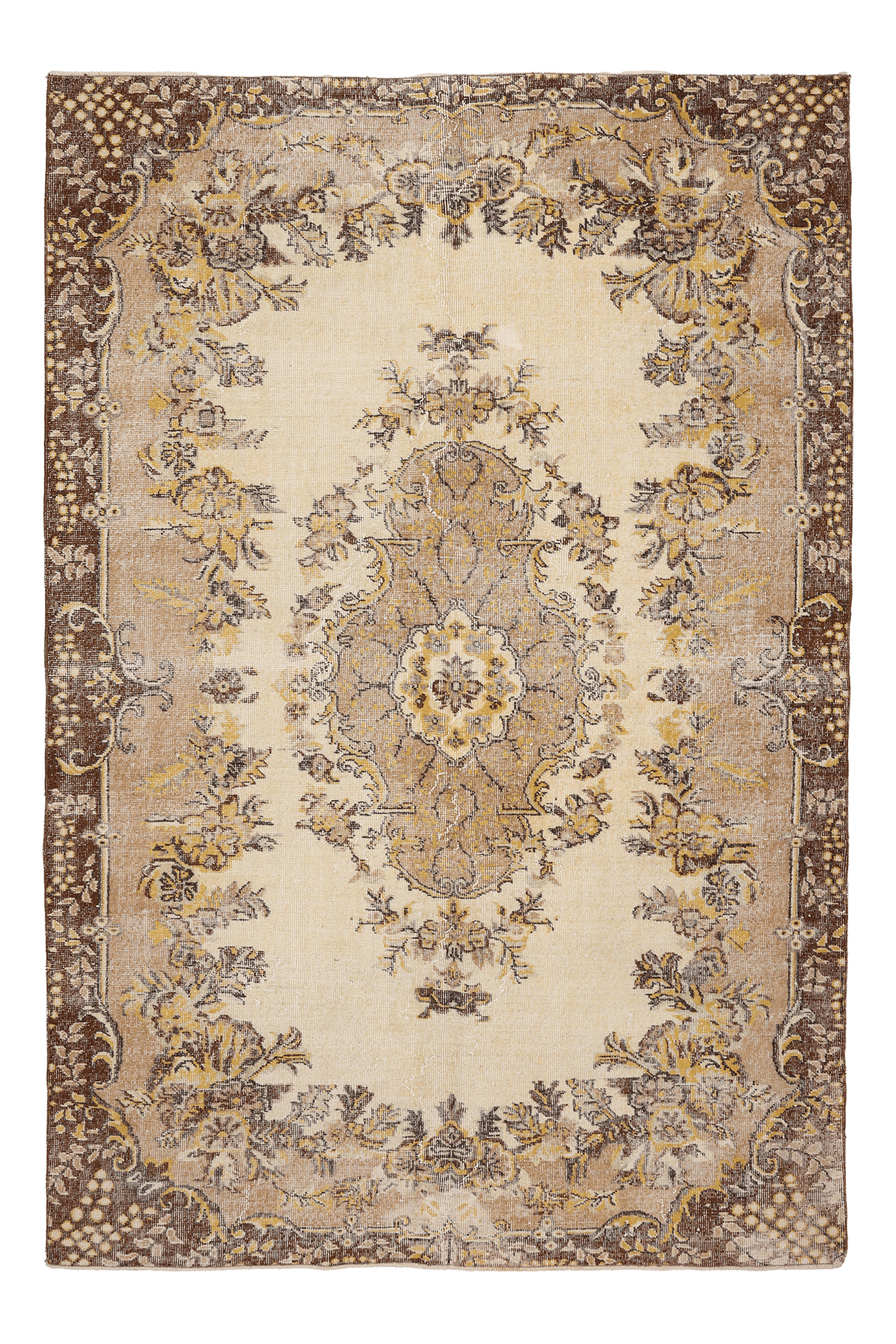 Vintage Isparta Turkish Area Rug 6x9 ft — Beige & Brown Floral (No. 46641)