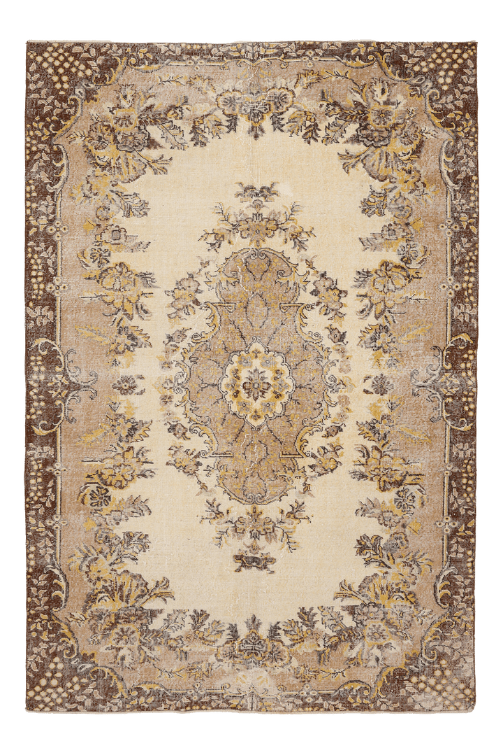 Vintage Isparta Turkish Area Rug 6x9 ft — Beige & Brown Floral (No. 46641)