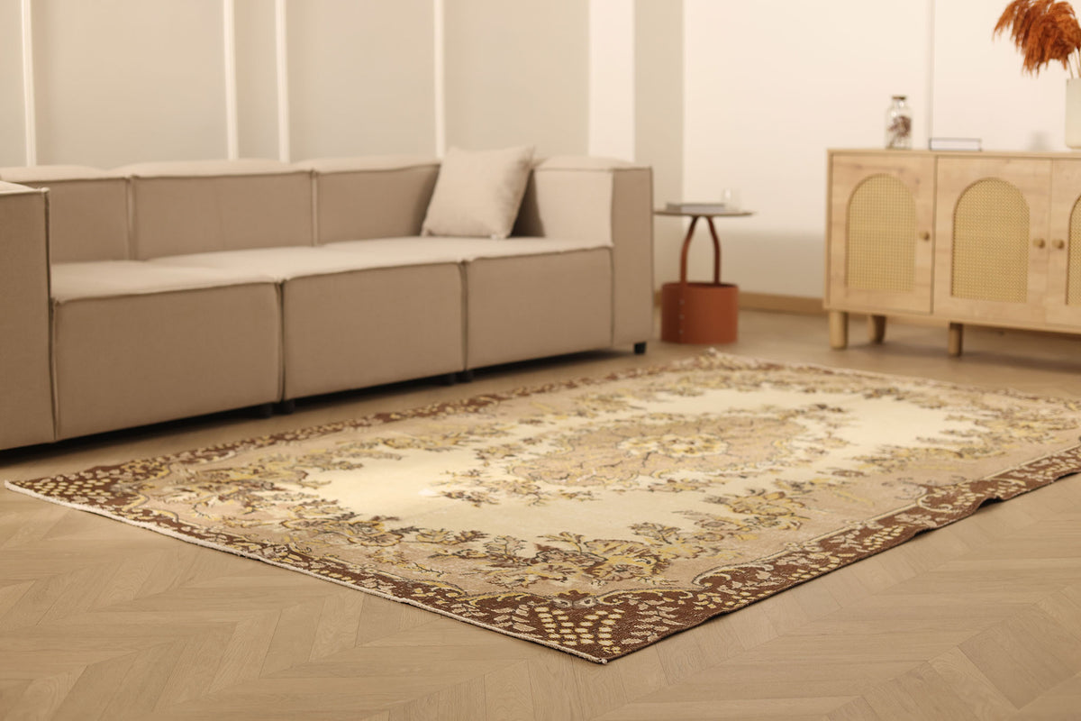 Vintage Isparta Turkish Area Rug 6x9 ft — Beige & Brown Floral (No. 46641)