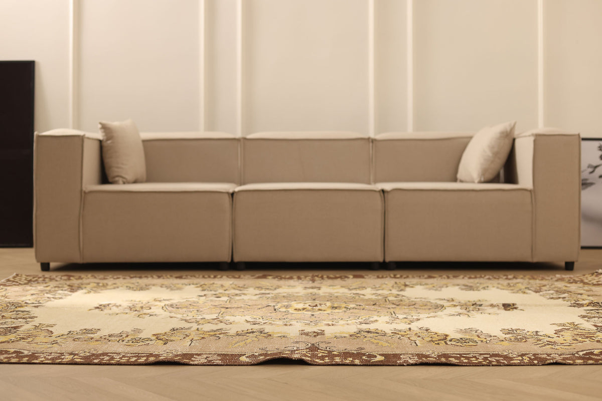 Vintage Isparta Turkish Area Rug 6x9 ft — Beige & Brown Floral (No. 46641)