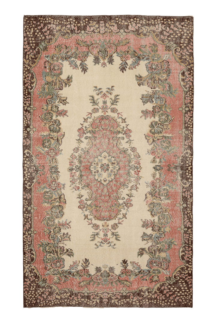 Vintage Isparta Turkish Area Rug 5x10 ft — Beige & Pink Floral