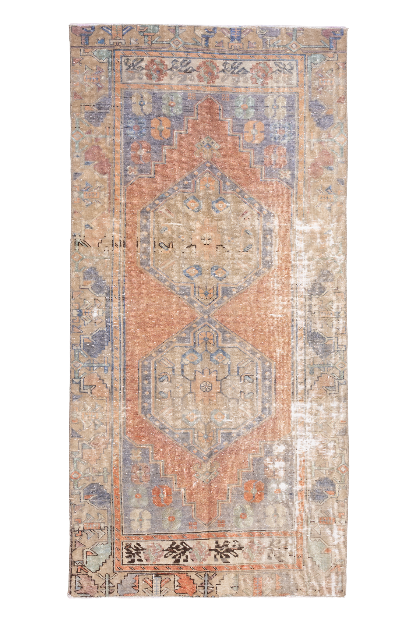 Vintage Nigde Turkish Area Rug 3x7 ft — Orange & Beige Floral