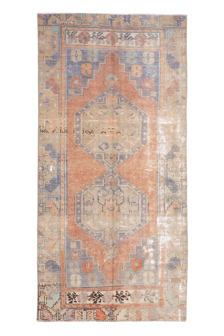 Vintage Nigde Turkish Area Rug 3x7 ft — Orange & Beige Floral