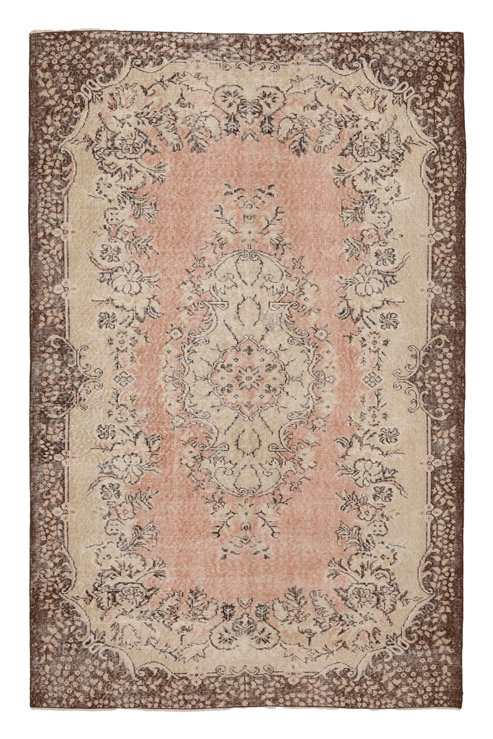 Vintage Isparta Turkish Area Rug 5x9 ft — Pink & Brown Floral (No. 46657)