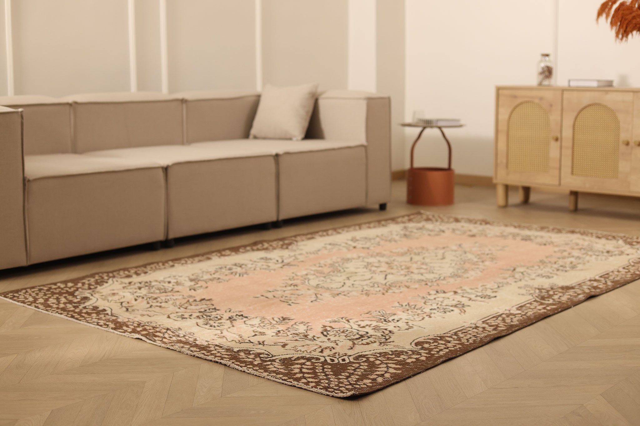 Vintage Isparta Turkish Area Rug 5x9 ft — Pink & Brown Floral (No. 46657)