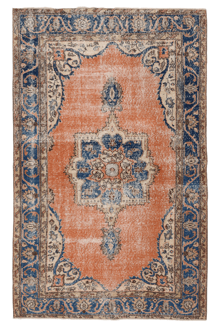Vintage Isparta Turkish Area Rug 4x7 ft — Orange & Blue Floral