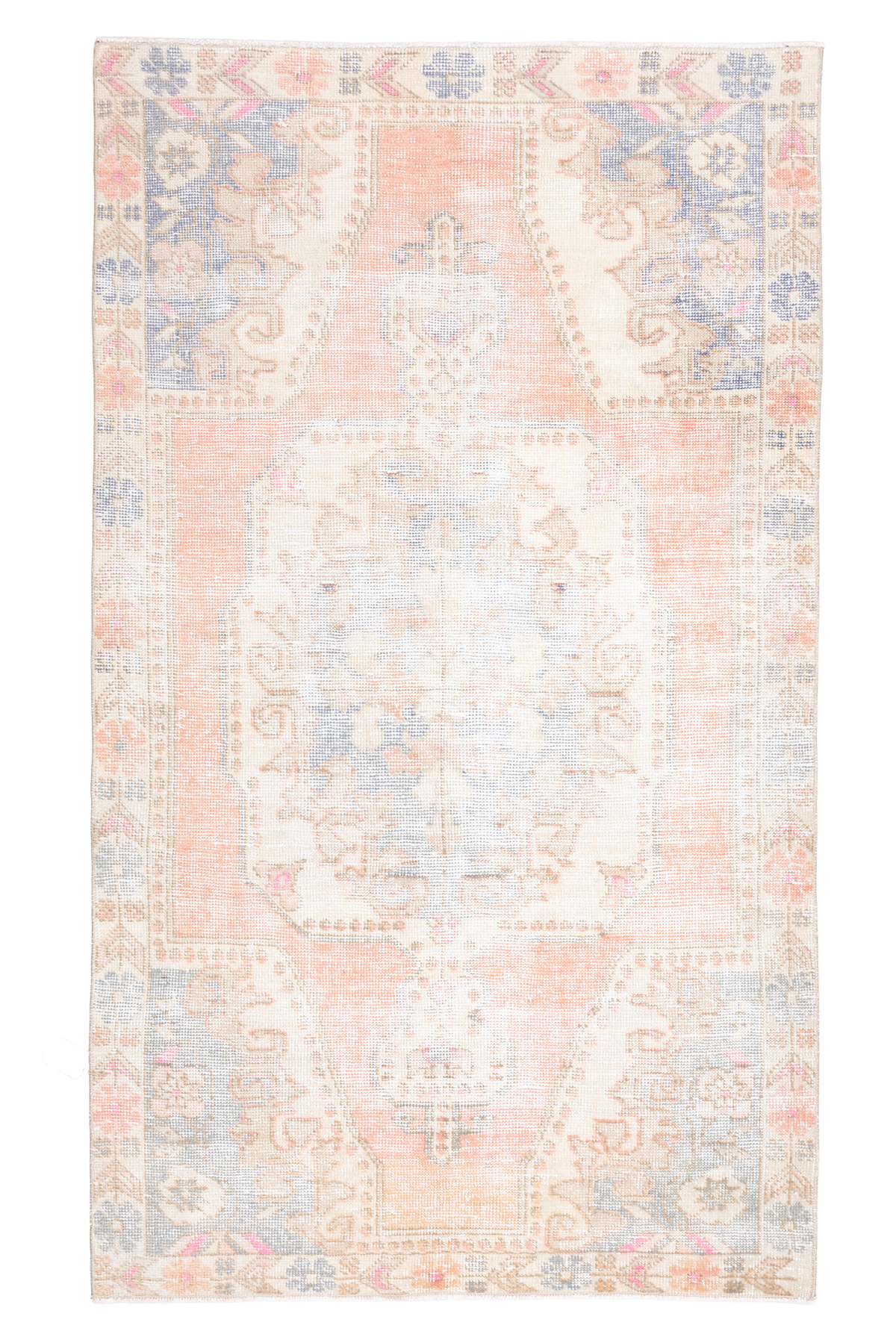 Vintage Nevşehir Turkish Area Rug 4x7 ft — Orange & White Medallion