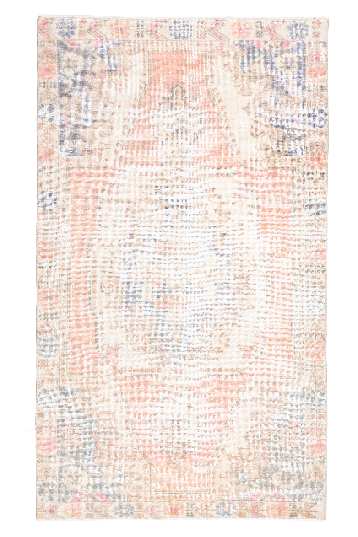 Vintage Nevşehir Turkish Area Rug 4x7 ft — Orange & White Medallion