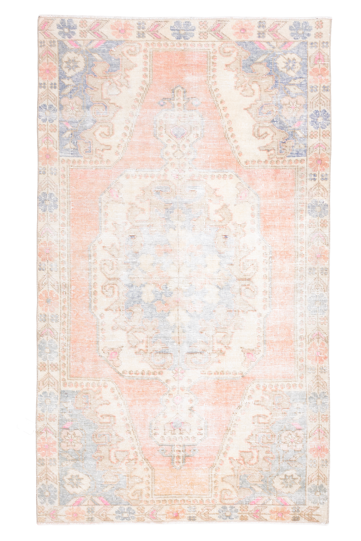 Vintage Nevşehir Turkish Area Rug 4x7 ft — Orange & White Medallion