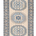Hand-woven 3x6 ft vintage Oushak wool rug in beige and navy with traditional geometric patterns.