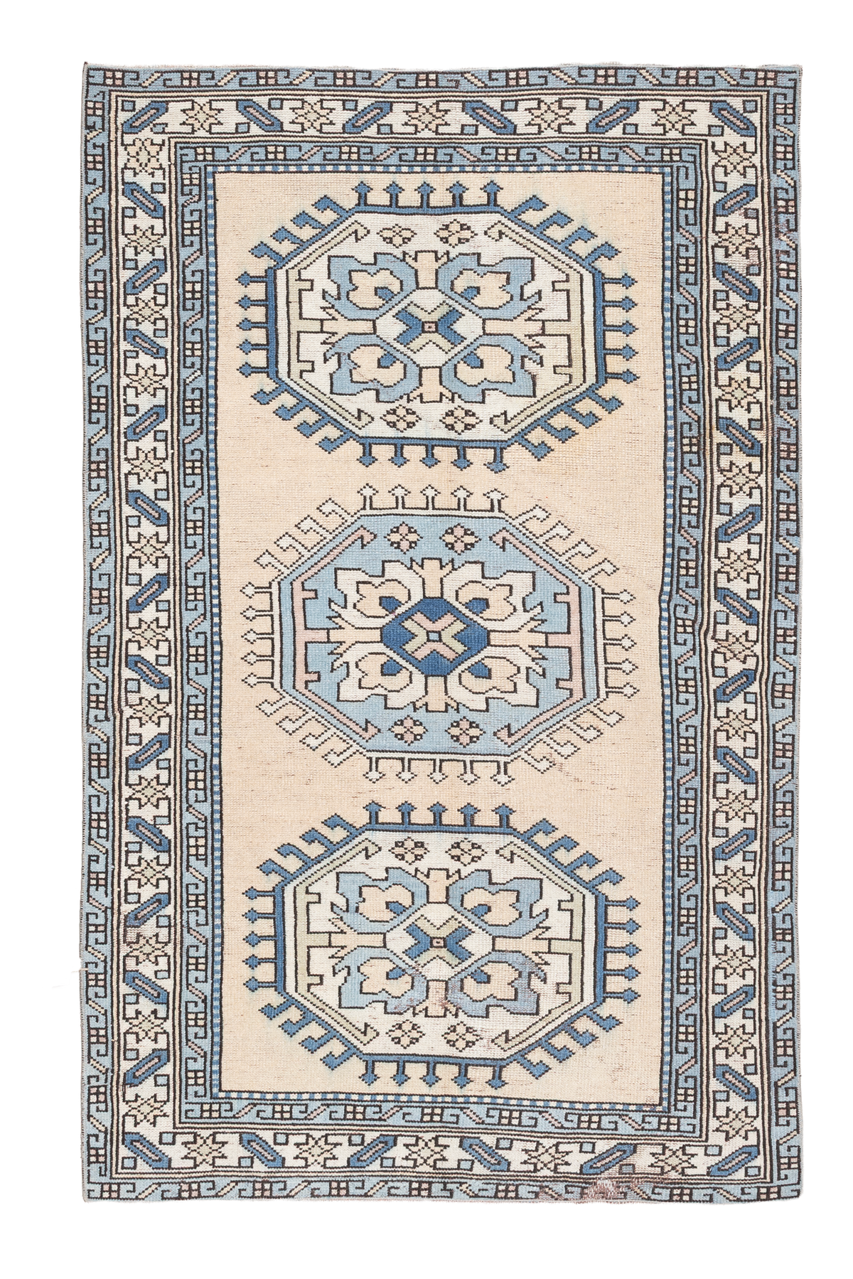 Hand-woven 3x6 ft vintage Oushak wool rug in beige and navy with traditional geometric patterns.