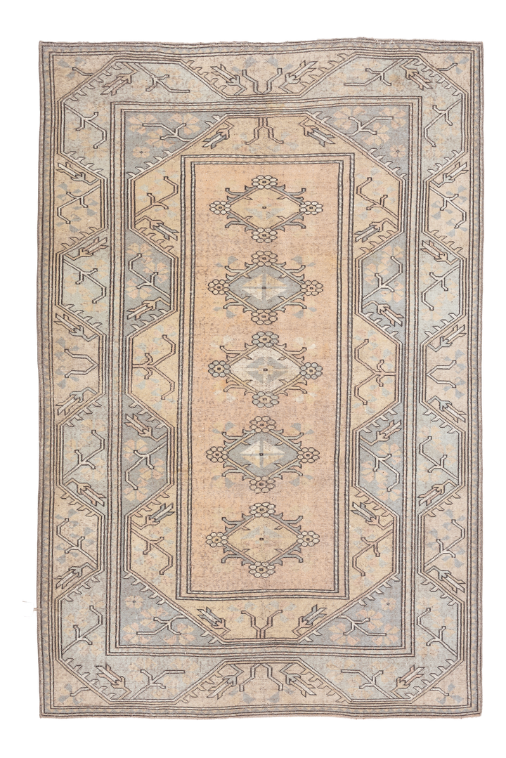 Vintage Muğla Turkish Area Rug 5x8 ft — Orange & Beige Geometric