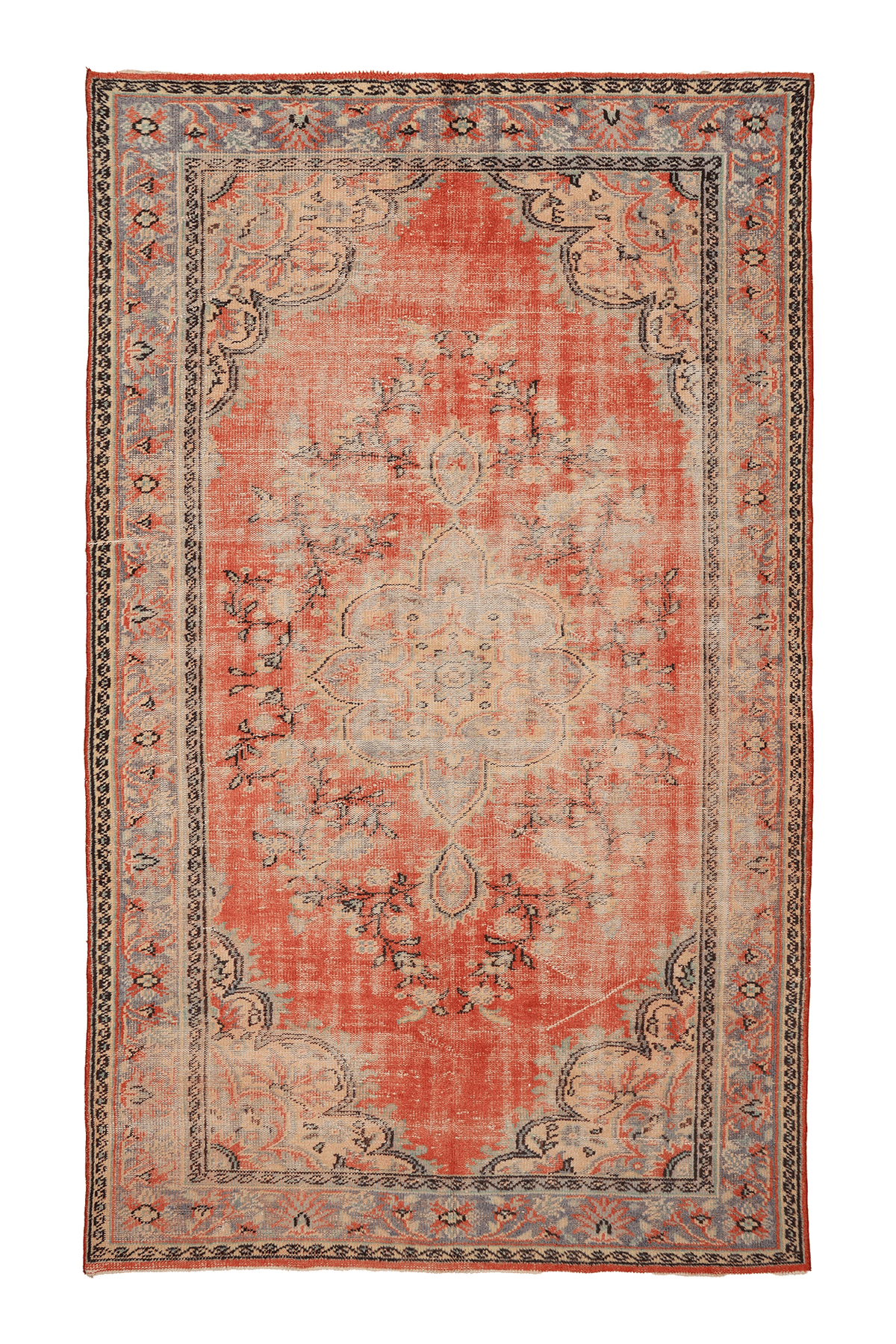 Vintage Manisa Turkish Area Rug 6x10 ft — Red & Blue Floral